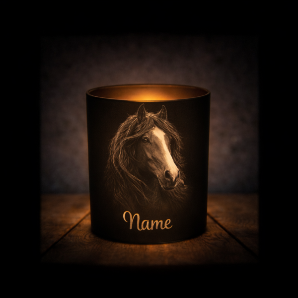 Pferd Lichtglas | Erinnerungsglas Matt Schwarz 400ml | Gravur Pferdekopf mit Name Personalisiert