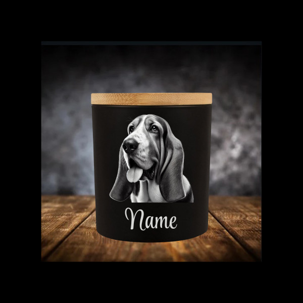 Basset Hound Leckerliglas | Kerzenglas Matt Schwarz | Gravur Hund mit Name Personalisiert