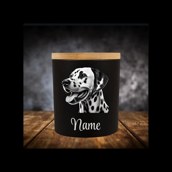 Dalmatiner Leckerliglas | Kerzenglas Matt Schwarz | Gravur Hunderasse mit Name Personalisiert
