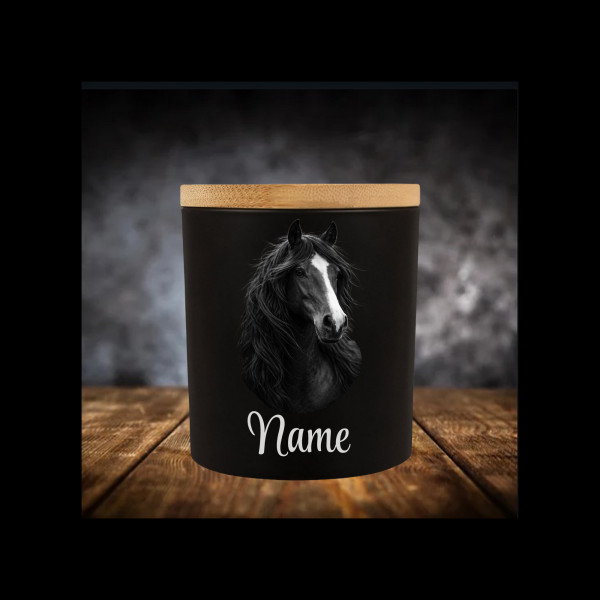 Pferd Lichtglas | Erinnerungsglas Matt Schwarz 400ml | Gravur Pferdekopf mit Name Personalisiert