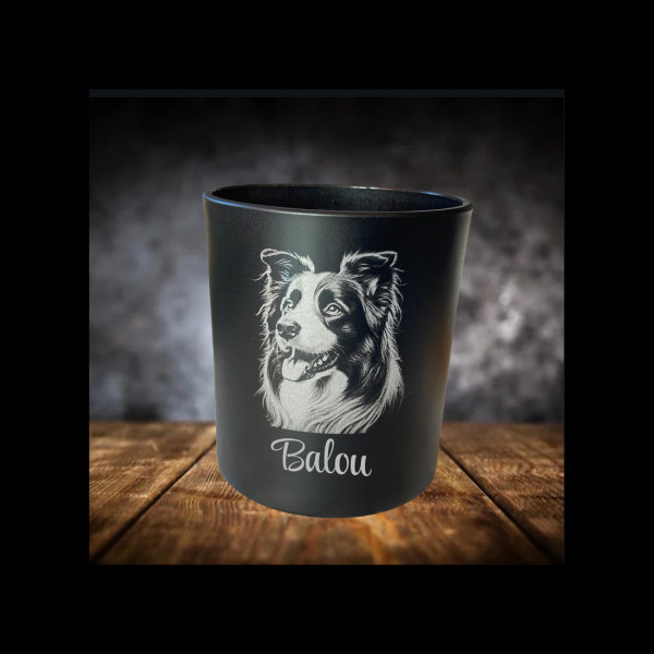 Border Collie Leckerliglas Kerzenglas Schwarz Gravur Hunderasse mit Name Personalisiert