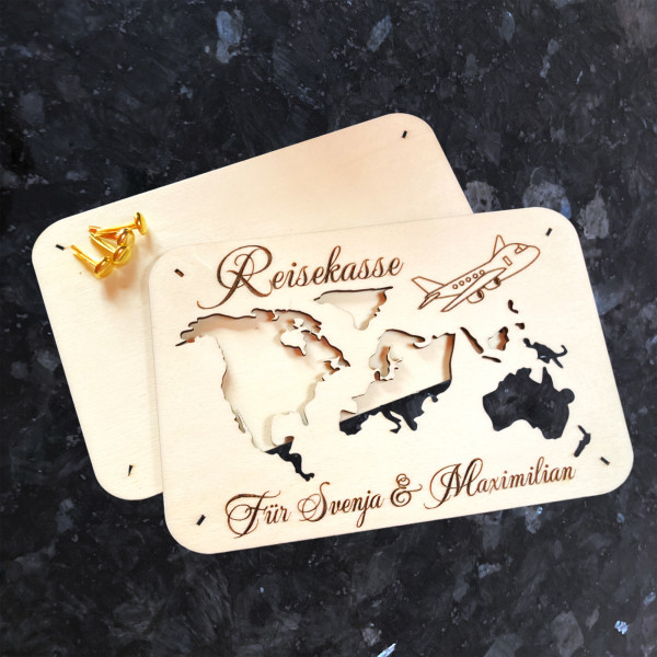 Reisekasse Holz Geschenkbox für Geldgeschenk mit Gravur Personalisiert