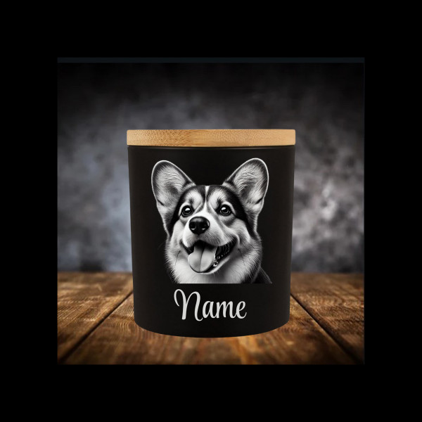 Welsh Corgi Leckerliglas | Kerzenglas Matt Schwarz | Gravur Hunderasse mit Name Personalisiert